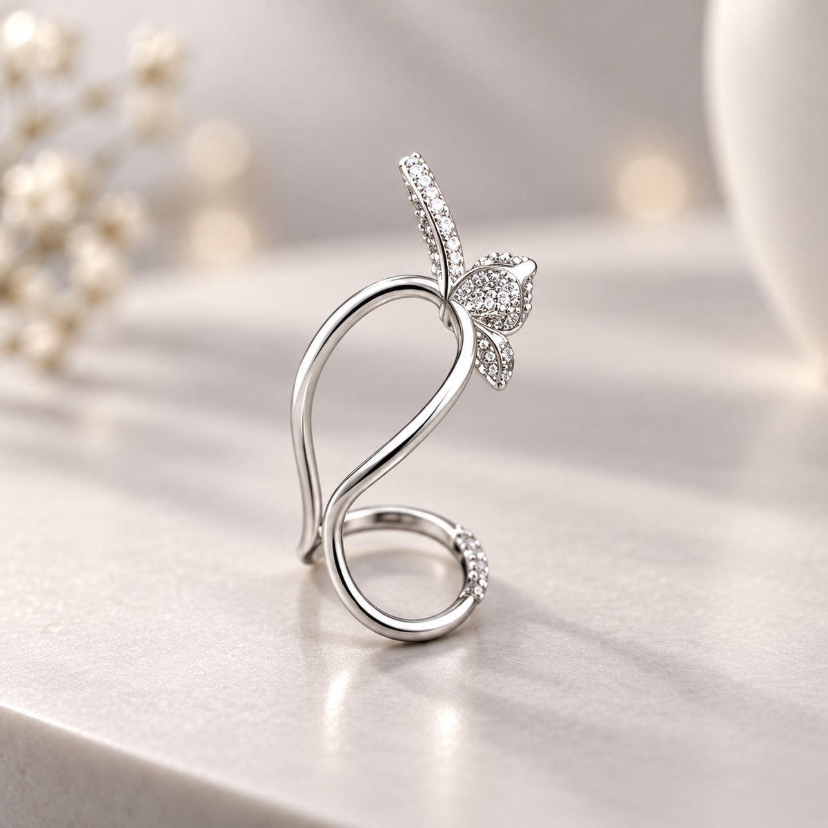Silver Crystal Butterfly Nail Ring | Adjustable Nature-Inspired Statement Jewelry