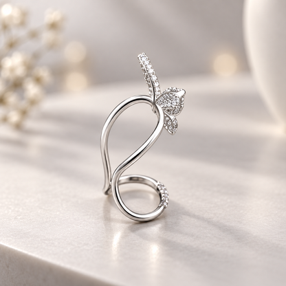 Silver Crystal Butterfly Nail Ring | Adjustable Nature-Inspired Statement Jewelry