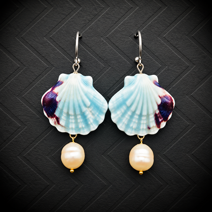 Blue Seashell & Freshwater Pearl Drop Earrings | Coastal Statement Jewelry
