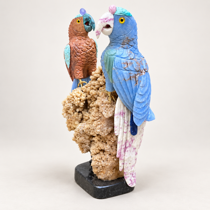Hand-Carved Gemstone Parrot Pair Sculpture on Calcite Cluster – Tropical Bird Home Decor