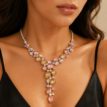 Champagne Pink Crystal Statement Necklace – Vintage-Inspired Bridal Jewelry