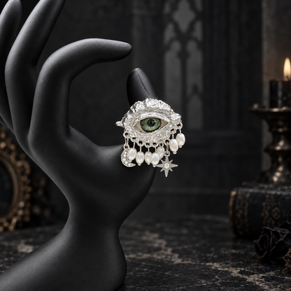 Gothic Green Evil Eye Ring | Silver-Tone Celestial Statement Ring with Pearl Drops