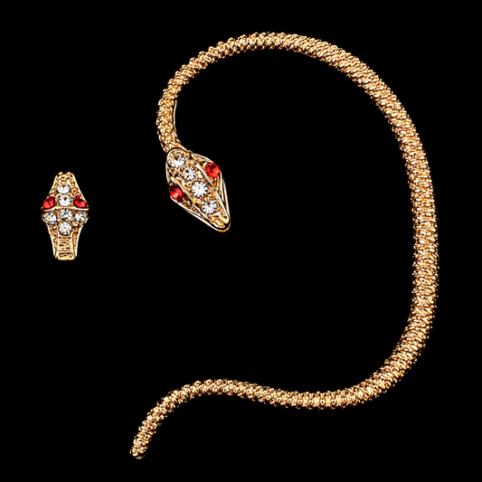 Asymmetrical Gold Snake Ear Wrap and Serpent Stud - Ruby-Eyed Gothic Jewelry