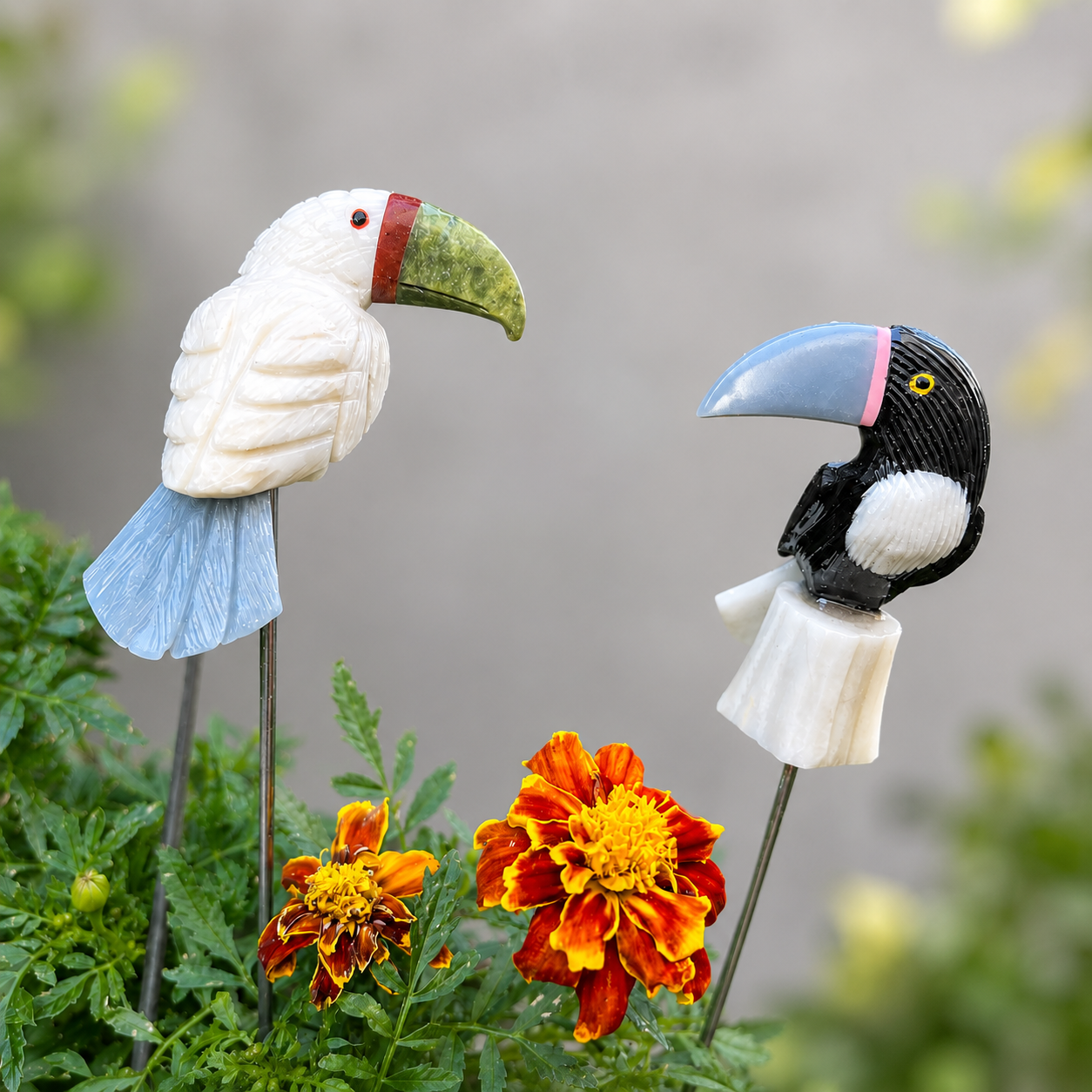 Gemstone Toucan Bird Garden Stake - Natural Stone Tropical Garden Decor