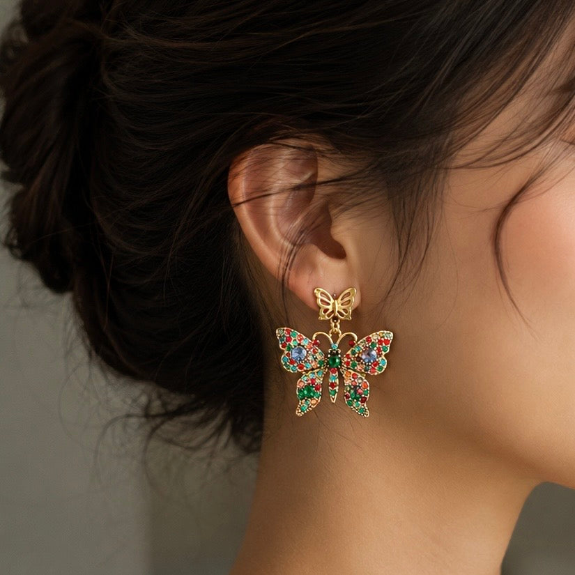 Gold Butterfly Dangle Earrings – Multicolored Crystal Butterfly Statement Earrings