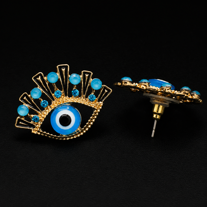 Blue Evil Eye Stud Earrings – Gold-Tone Crystal Nazar Statement Earrings