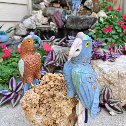 Hand-Carved Gemstone Parrot Pair Sculpture on Calcite Cluster – Tropical Bird Home Decor