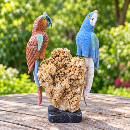 Hand-Carved Gemstone Parrot Pair Sculpture on Calcite Cluster – Tropical Bird Home Decor