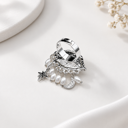 Gothic Green Evil Eye Ring | Silver-Tone Celestial Statement Ring with Pearl Drops
