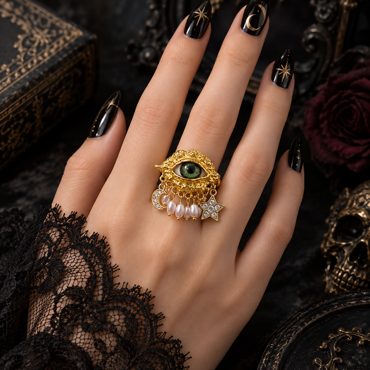 Gothic Evil Eye Statement Ring | Green Eye, Pearl Drops & Celestial Moon Star Details
