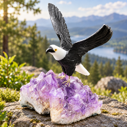 Bald Eagle Sculpture on Amethyst Geode – Gemstone Bird Figurine