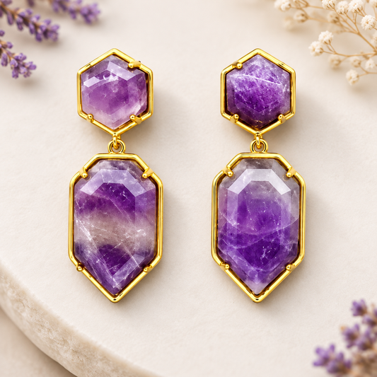 Natural Gemstone Dangle Earrings, Bohemian Style Gold-toned Birthstone Amethyst, Rose Quartz Stone Jewelry