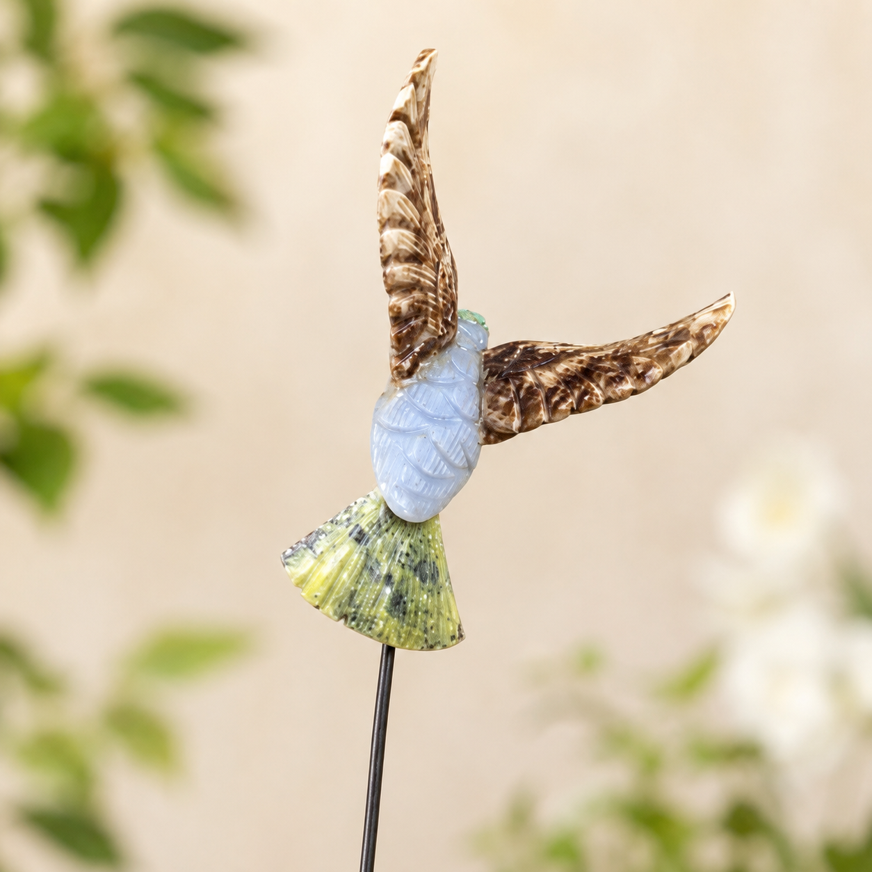 Gemstone Hummingbird Garden Stake – Natural Stone Bird & Planter Decor