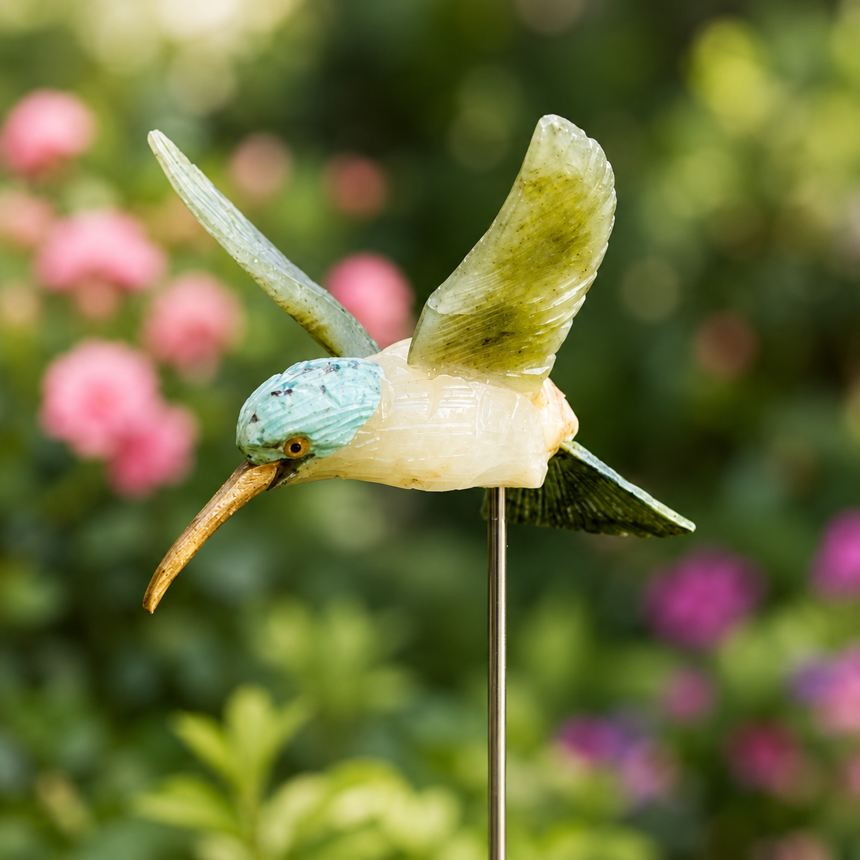 Hand-Carved Stone Hummingbird Garden Stake | Precious Mineral Bird Decoration
