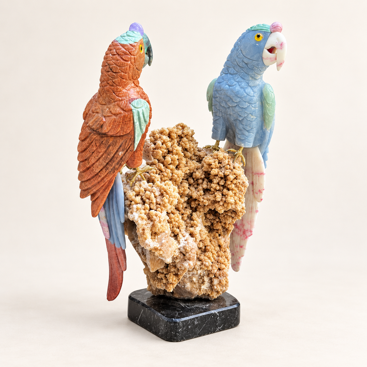 Hand-Carved Gemstone Parrot Pair Sculpture on Calcite Cluster – Tropical Bird Home Decor