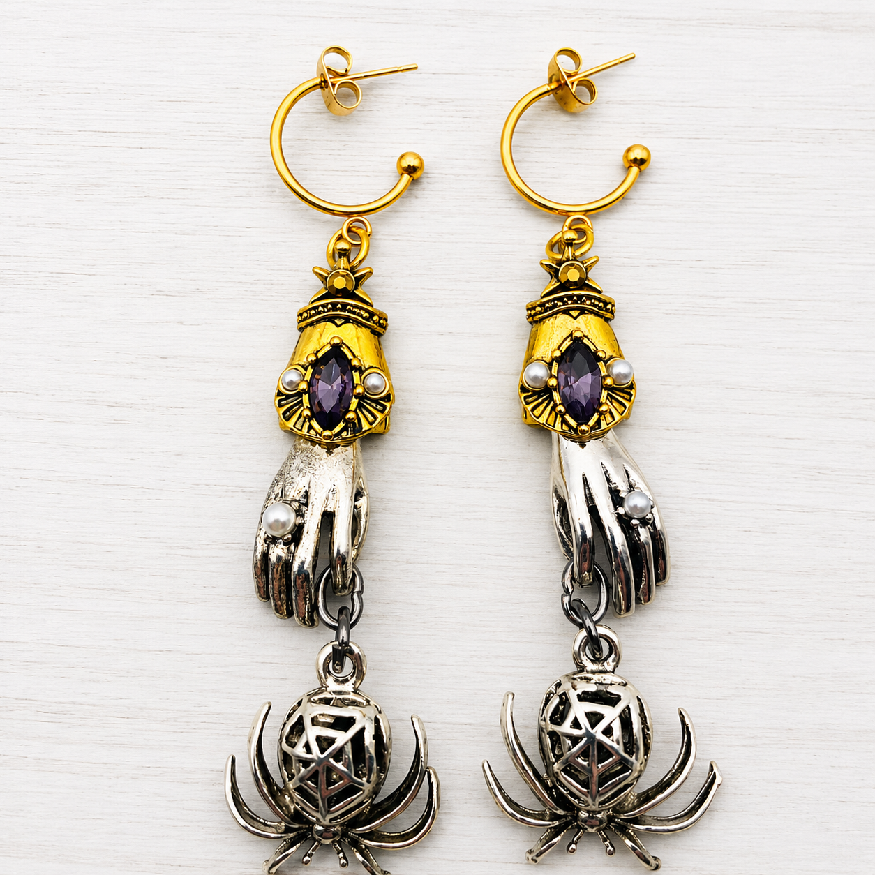 Gothic Hand & Spider Dangle Earrings - Purple Crystal Statement Jewelry