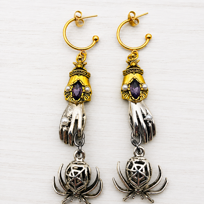 Gothic Hand & Spider Dangle Earrings - Purple Crystal Statement Jewelry