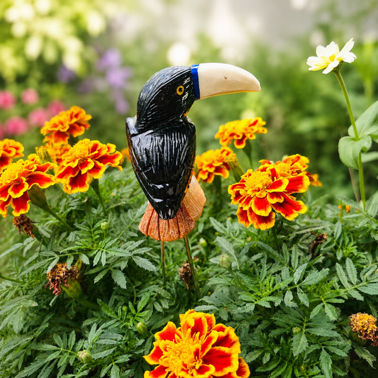 Hand-Carved Gemstone Toucan Garden Stake – Natural Stone Tropical Bird Garden Decor