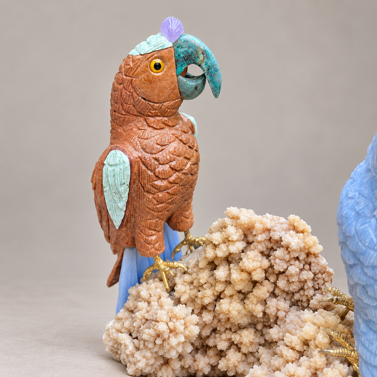 Hand-Carved Gemstone Parrot Pair Sculpture on Calcite Cluster – Tropical Bird Home Decor