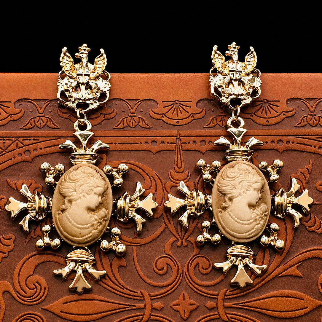 Victorian Baroque Cameo Dangle Earrings - Gold Portrait Jewelry