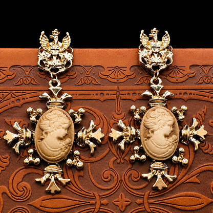 Victorian Baroque Cameo Dangle Earrings - Gold Portrait Jewelry