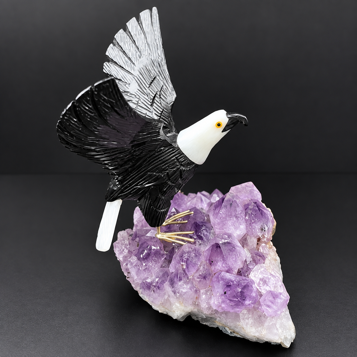 Bald Eagle Sculpture on Amethyst Geode – Gemstone Bird Figurine