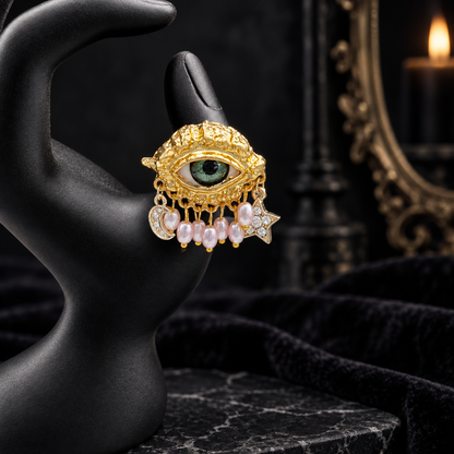 Gothic Evil Eye Statement Ring | Green Eye, Pearl Drops & Celestial Moon Star Details
