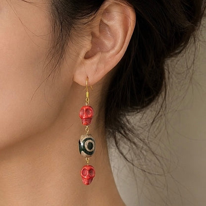 Red Skull Beaded Drop Earrings - Gothic Halloween Statement Earrings