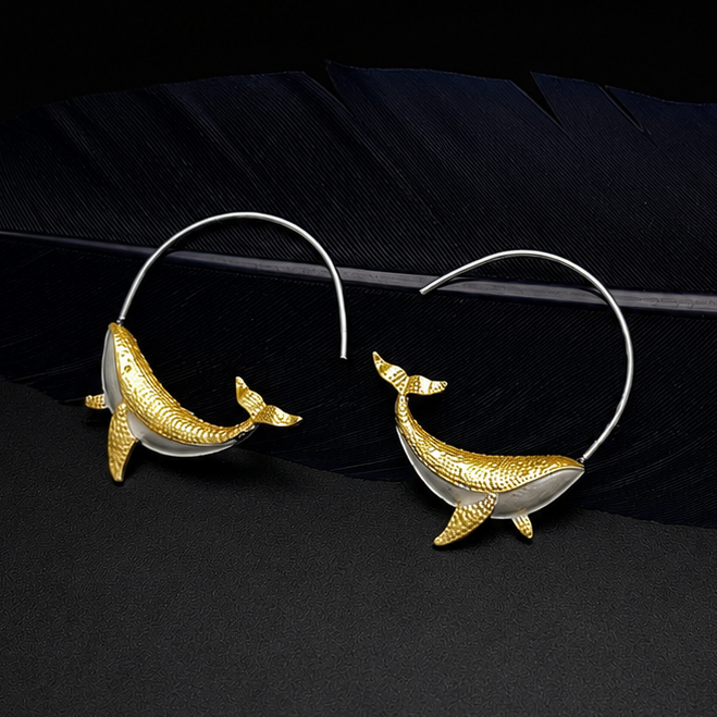 Whale Hoop Earrings – Gold-Tone & Silver-Tone Ocean Animal Earrings, Whimsical Nautical Jewelry, Sea Life Lover Gift