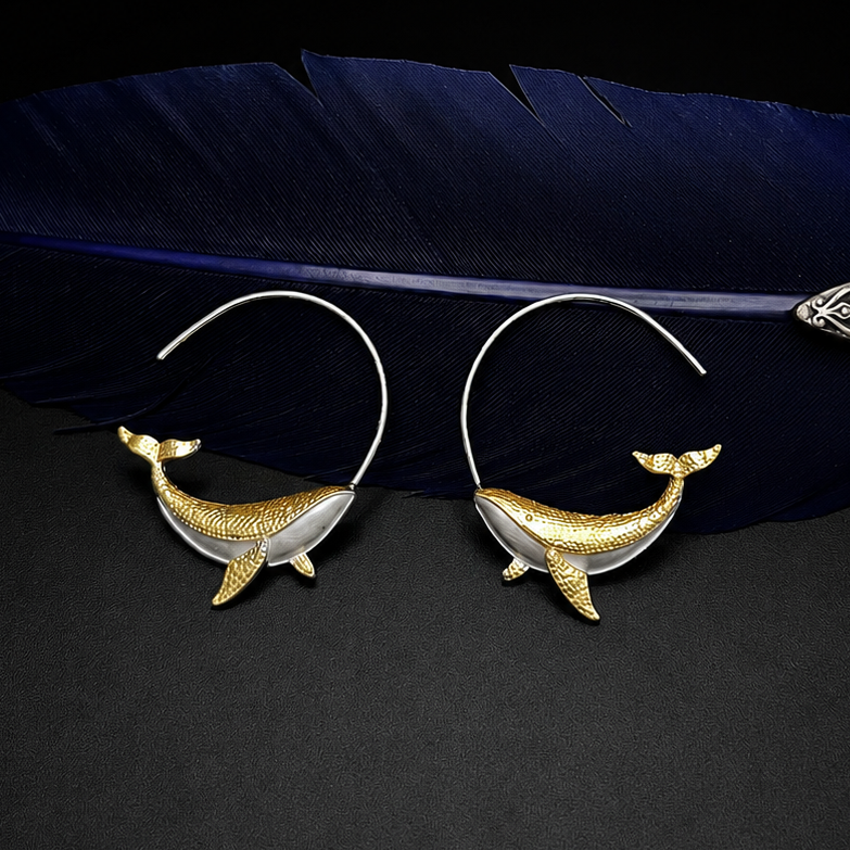 Whale Hoop Earrings – Gold-Tone & Silver-Tone Ocean Animal Earrings, Whimsical Nautical Jewelry, Sea Life Lover Gift