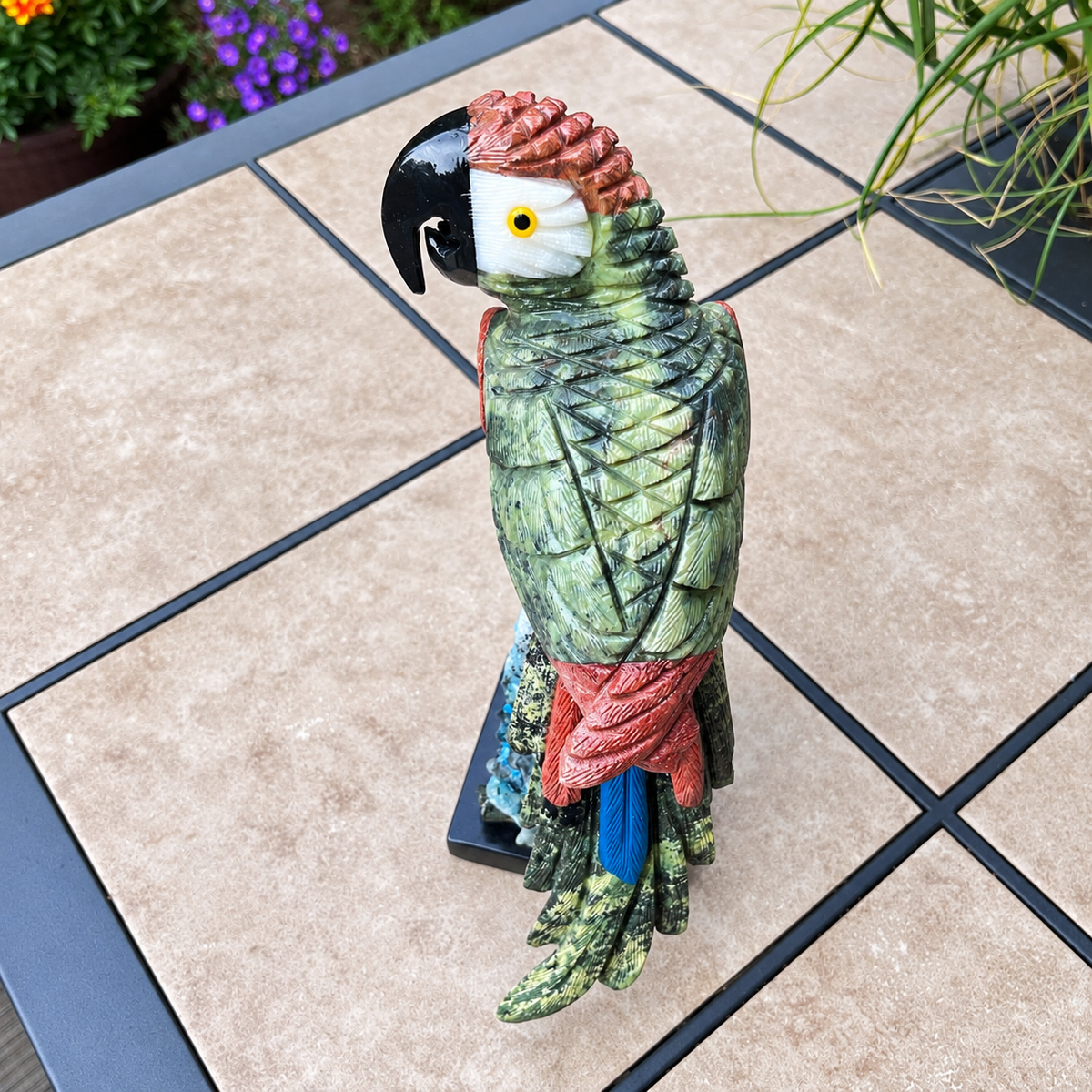 Colorful Gemstone Parrot Sculpture | Hand-Carved Natural Stone Bird on Chrysocolla Base | Tropical Home Decor
