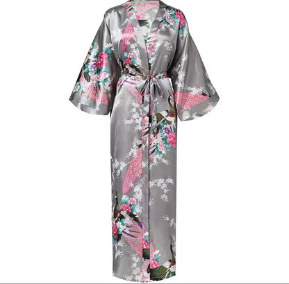 Silk Satin Long Tropical Peacock Pattern Kimono Robe with Pockets