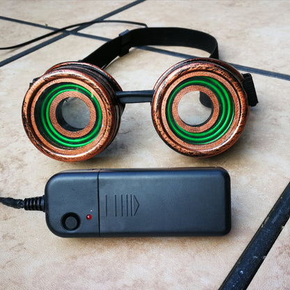 Glowing Steampunk Goggles Handmade | Copper Cyberpunk X-Ray Goggles | Halloween Costume, Cosplay | For Concerts, EDM, Raves, Dance Parties