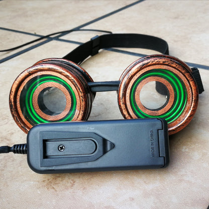 Glowing Steampunk Goggles Handmade | Copper Cyberpunk X-Ray Goggles | Halloween Costume, Cosplay | For Concerts, EDM, Raves, Dance Parties
