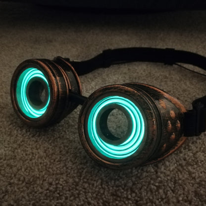 Glowing Steampunk Goggles Handmade | Copper Cyberpunk X-Ray Goggles | Halloween Costume, Cosplay | For Concerts, EDM, Raves, Dance Parties