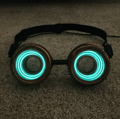 Glowing Steampunk Goggles Handmade | Copper Cyberpunk X-Ray Goggles | Halloween Costume, Cosplay | For Concerts, EDM, Raves, Dance Parties