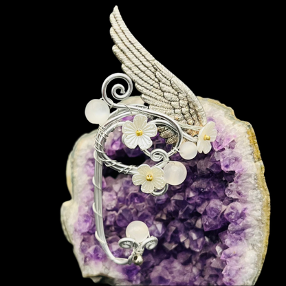 Adjustable Silver Elf Ear Cuffs | Gem Flower & Angel Wing Ear Wraps | Elven & Fairy Jewelry