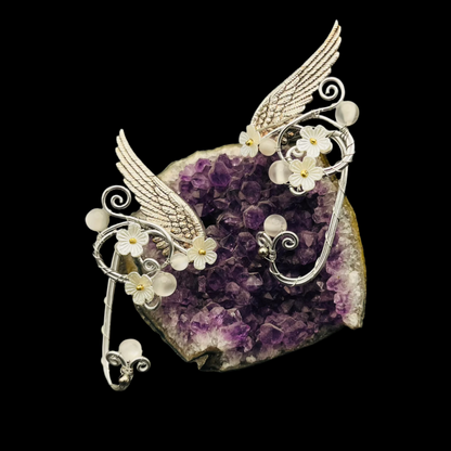 Adjustable Silver Elf Ear Cuffs | Gem Flower & Angel Wing Ear Wraps | Elven & Fairy Jewelry