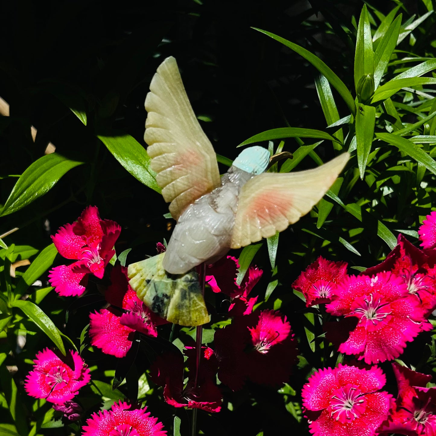 Hand-Carved Stone Hummingbird Staked Garden Decor | Precious Mineral Cute Bird Decor| Gift for Gardeners, Bird Watchers, For Mum