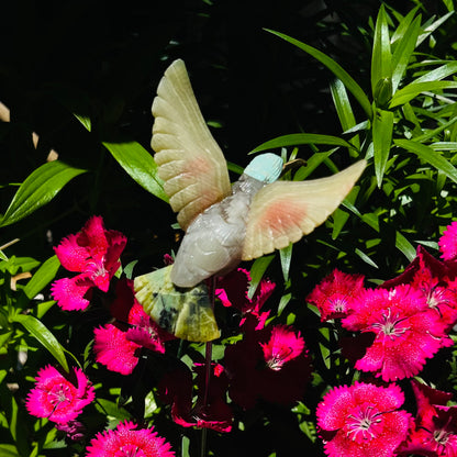 Hand-Carved Stone Hummingbird Garden Stake | Precious Mineral Bird Decoration
