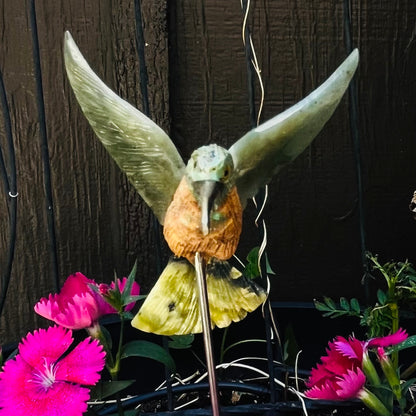 Hand-Carved Stone Hummingbird Garden Stake | Precious Mineral Bird Decoration