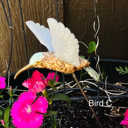Hand-Carved Stone Hummingbird Garden Stake | Precious Mineral Bird Decoration
