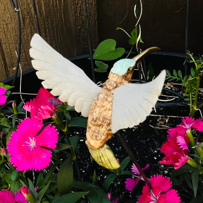 Hand-Carved Stone Hummingbird Garden Stake | Precious Mineral Bird Decoration
