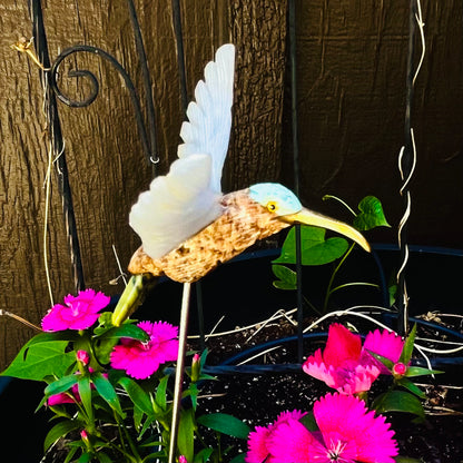 Hand-Carved Stone Hummingbird Garden Stake | Precious Mineral Bird Decoration