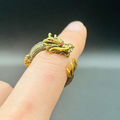 Handmade Adjustable Vintage Gold Fantasy Dragon Ring | Unique Mythical Jewelry