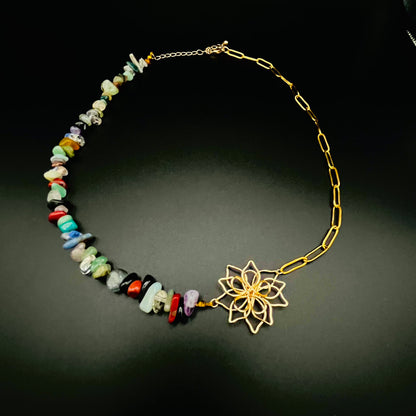 Gold Wire Flower Pendant Necklace – Gold-Plated Chain with Multicolor Gemstones, Boho Summer Jewelry