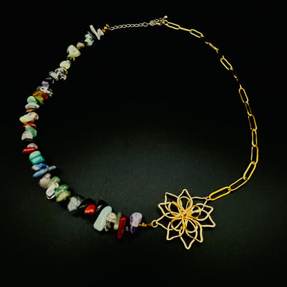 Gold Wire Flower Pendant Necklace – Gold-Plated Chain with Multicolor Gemstones, Boho Summer Jewelry