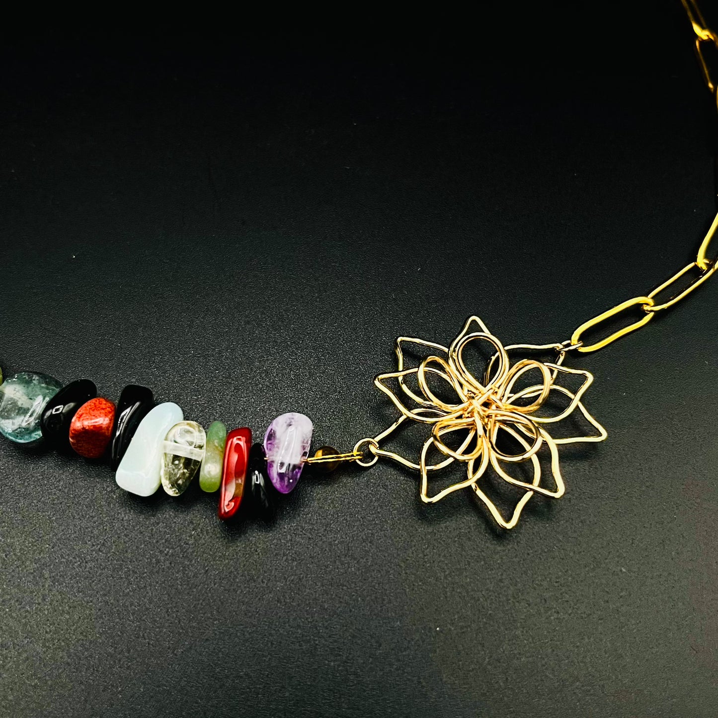 Gold Wire Flower Pendant Necklace – Gold-Plated Chain with Multicolor Gemstones, Boho Summer Jewelry