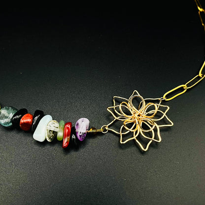Gold Wire Flower Pendant Necklace – Gold-Plated Chain with Multicolor Gemstones, Boho Summer Jewelry