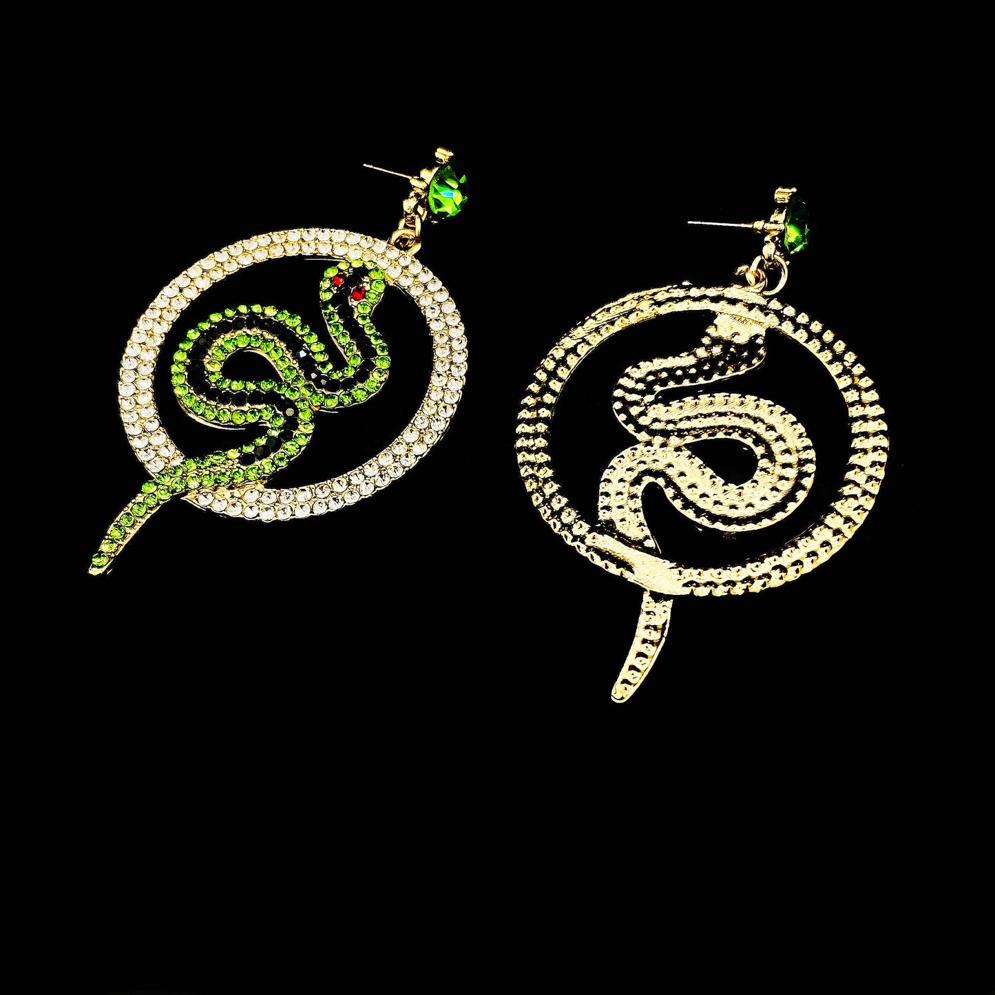 Green Snake Sparkling Gold Hoop Earrings with Ruby Red Eyes | Serpent Dangle Statement Jewelry | Gothic Festival Earrings